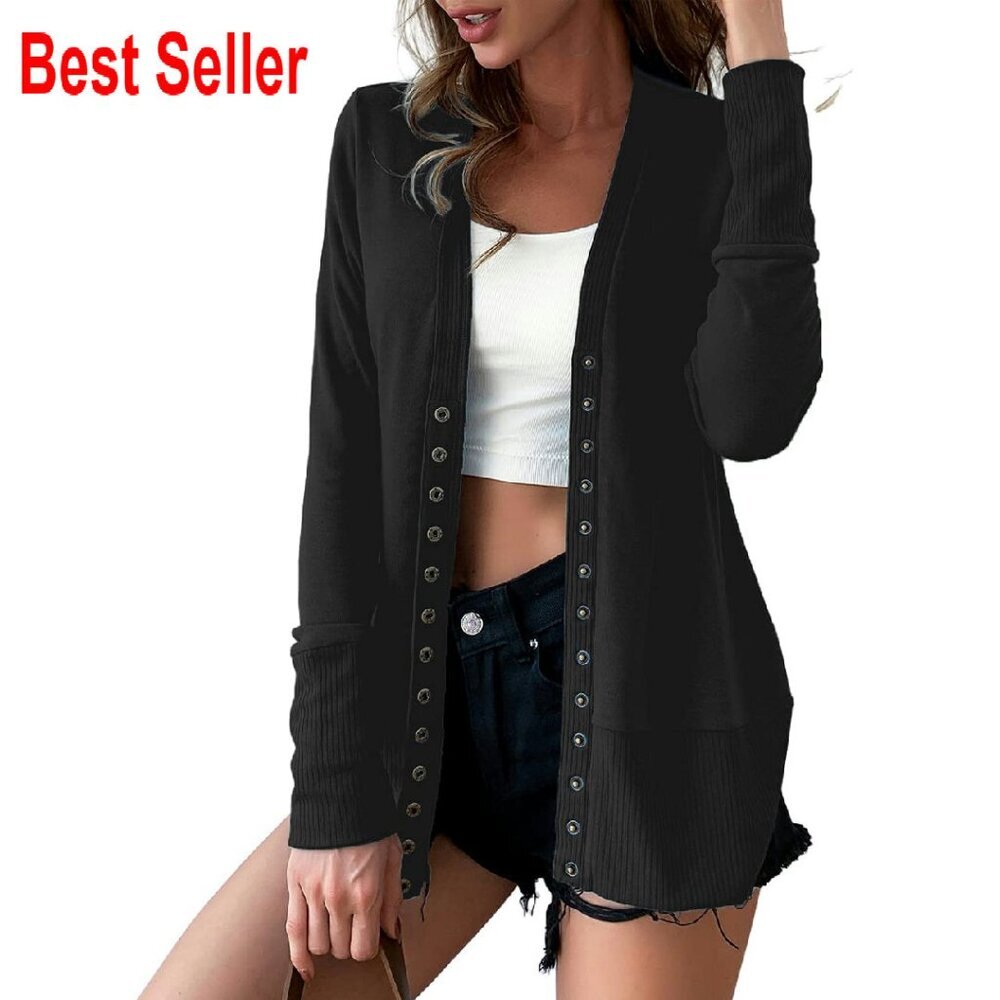 Long Sleeve Snaps Button Down V Neck Knit Sweater Cardigan Chic Versatile